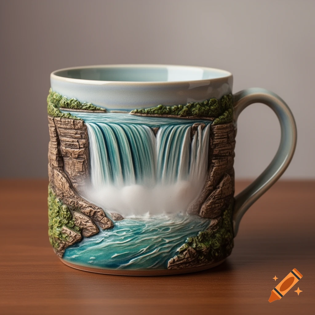 A realistic handmade pottery mug carved with textured cliffs and flowing blue-green water depicting Niagara Falls.