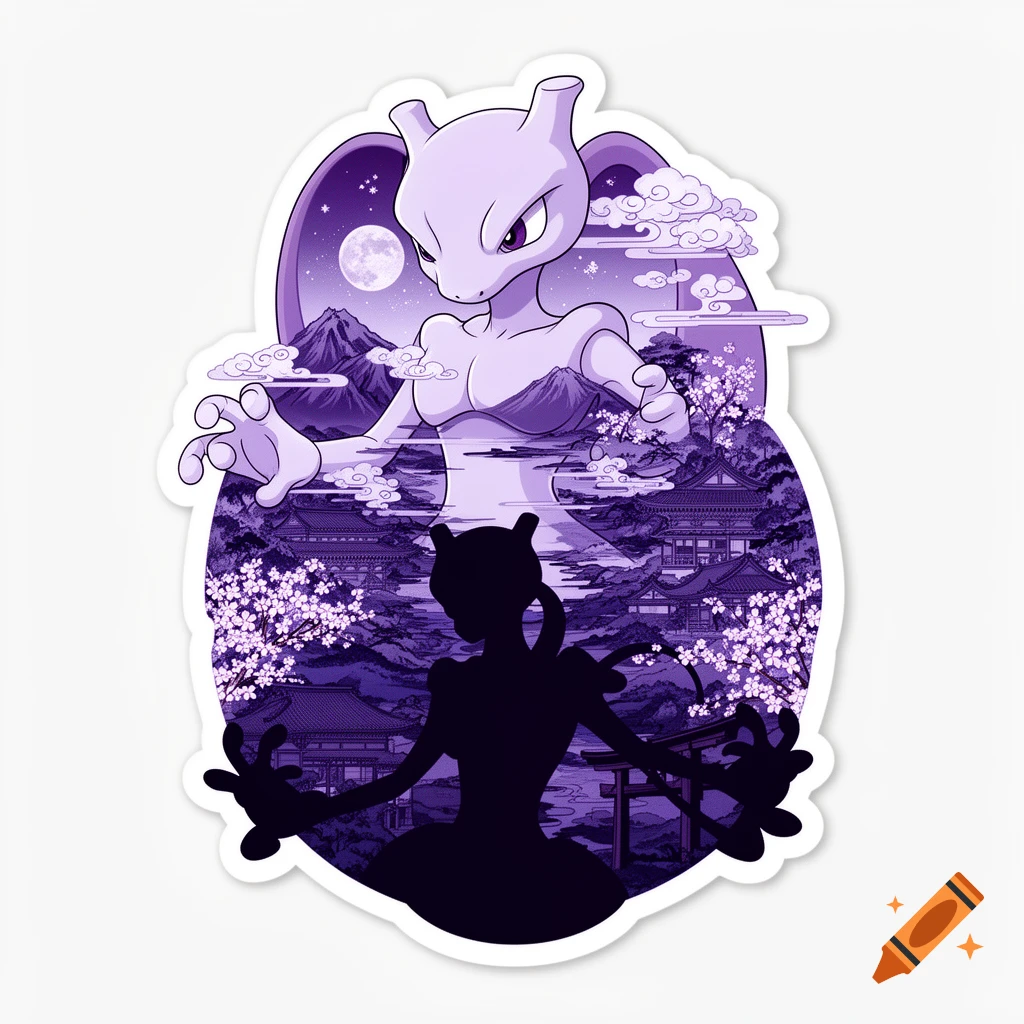 A die-cut sticker featuring a purple Mewtwo. A large, ghostly Mewtwo rises above a Japanese landscape with temples, cherry blossoms, and mountains under a moonlit sky. A dark silhouette of Mewtwo stands in the foreground.