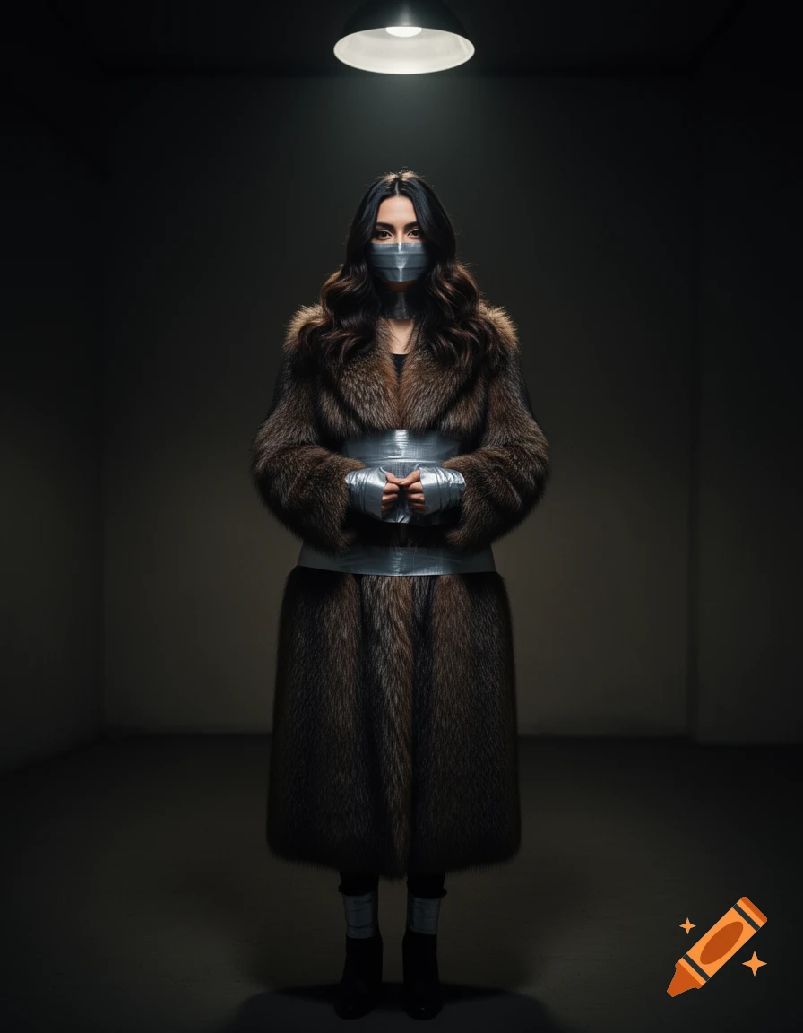 A woman in a fur coat stands in a dark room, her mouth, torso, and wrists bound with silver tape under a single bright light.