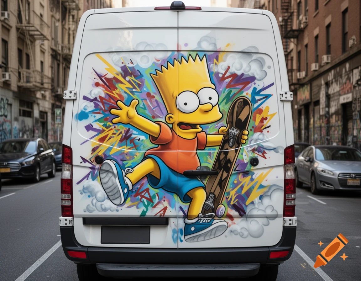 Rear view of a white Mercedes Sprinter van featuring a colorful airbrush painting of Bart Simpson with a skateboard amidst graffiti on a city street.
