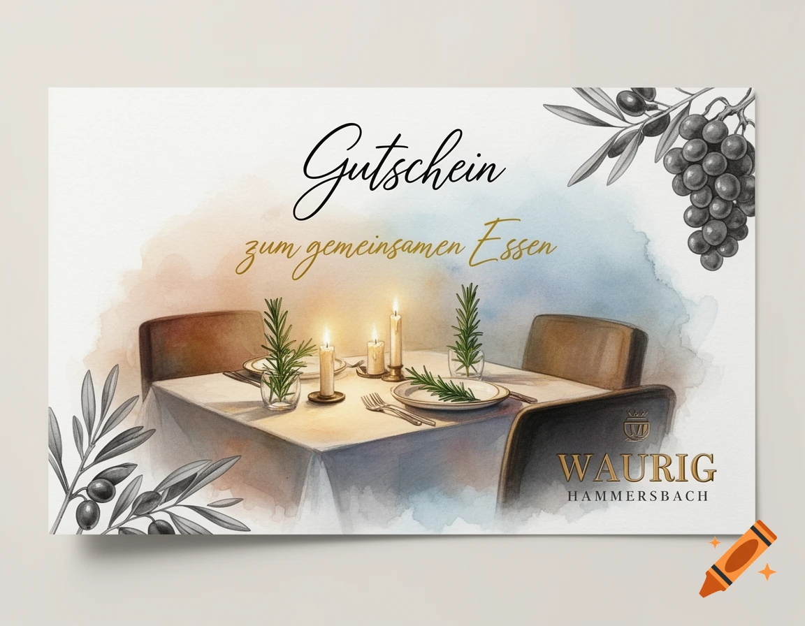 Watercolor illustration of a dining table set with candles and rosemary, with olives and grapes, on a 'Waurig Hammersbach' restaurant voucher with German text.