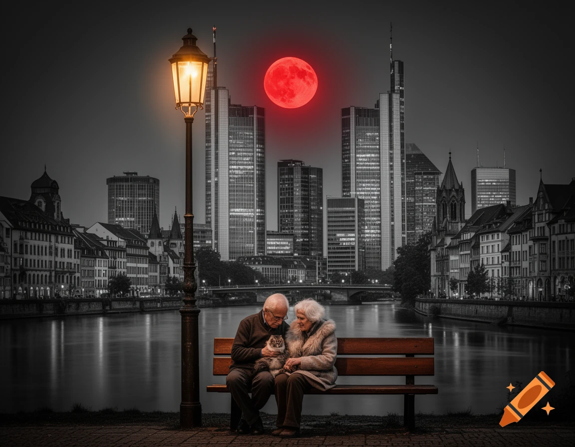 Elderly couple with cat on bench by river, cityscape with skyscrapers, red moon, and glowing lamp, selective color style.