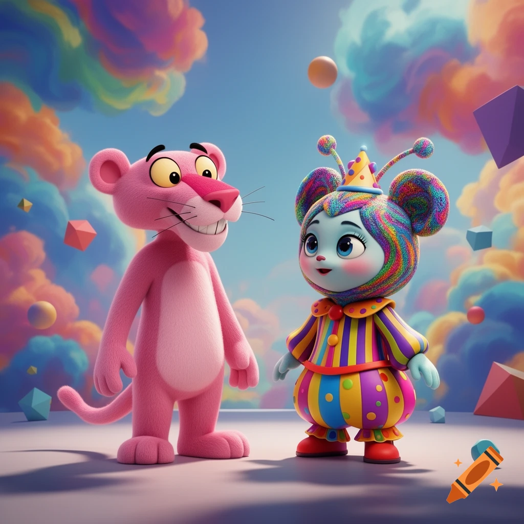 A toddler Pink Panther stands next to a colorful, rainbow-striped character resembling Pomni from The Amazing Digital Circus, in a whimsical, cloudy landscape with floating geometric shapes.
