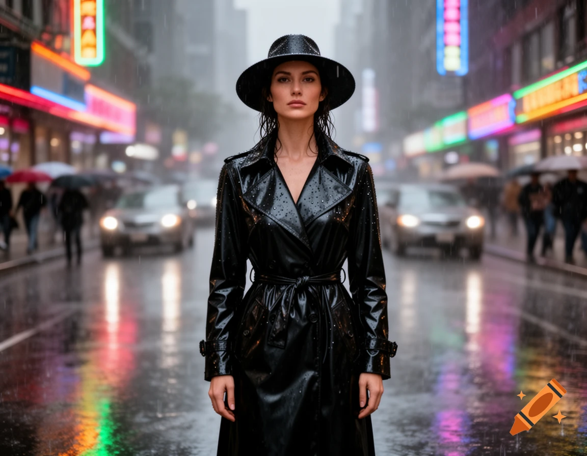 A woman in a black trench coat and hat stands on a wet, rainy city street with neon lights reflecting on the pavement.