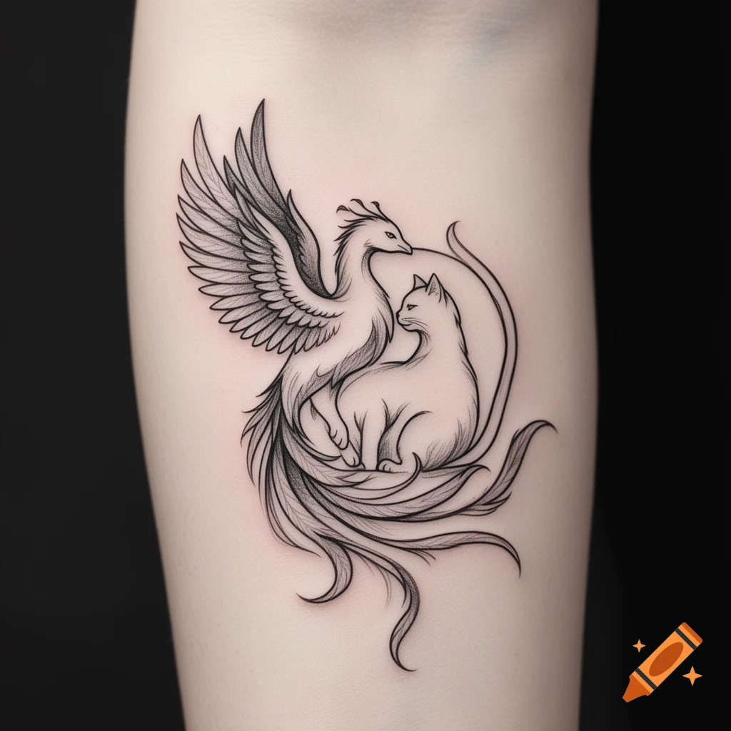 Minimalist black and white tattoo of a phoenix with outstretched wings and a cat nestled in its flowing tail.