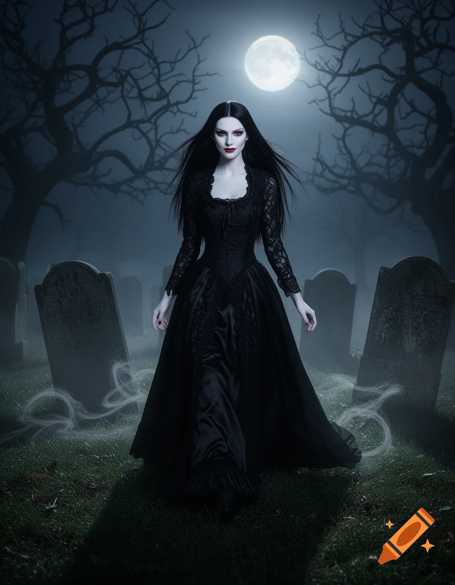 A pale female vampire in a black Victorian dress walks through a foggy graveyard under a full moon.