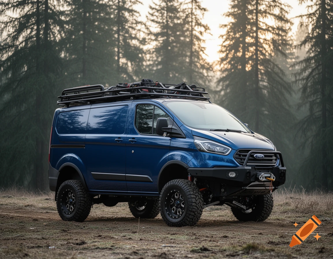 A blue modified Ford Transit van with large off-road tires and a roof rack, parked in a clearing in a pine forest at dusk.