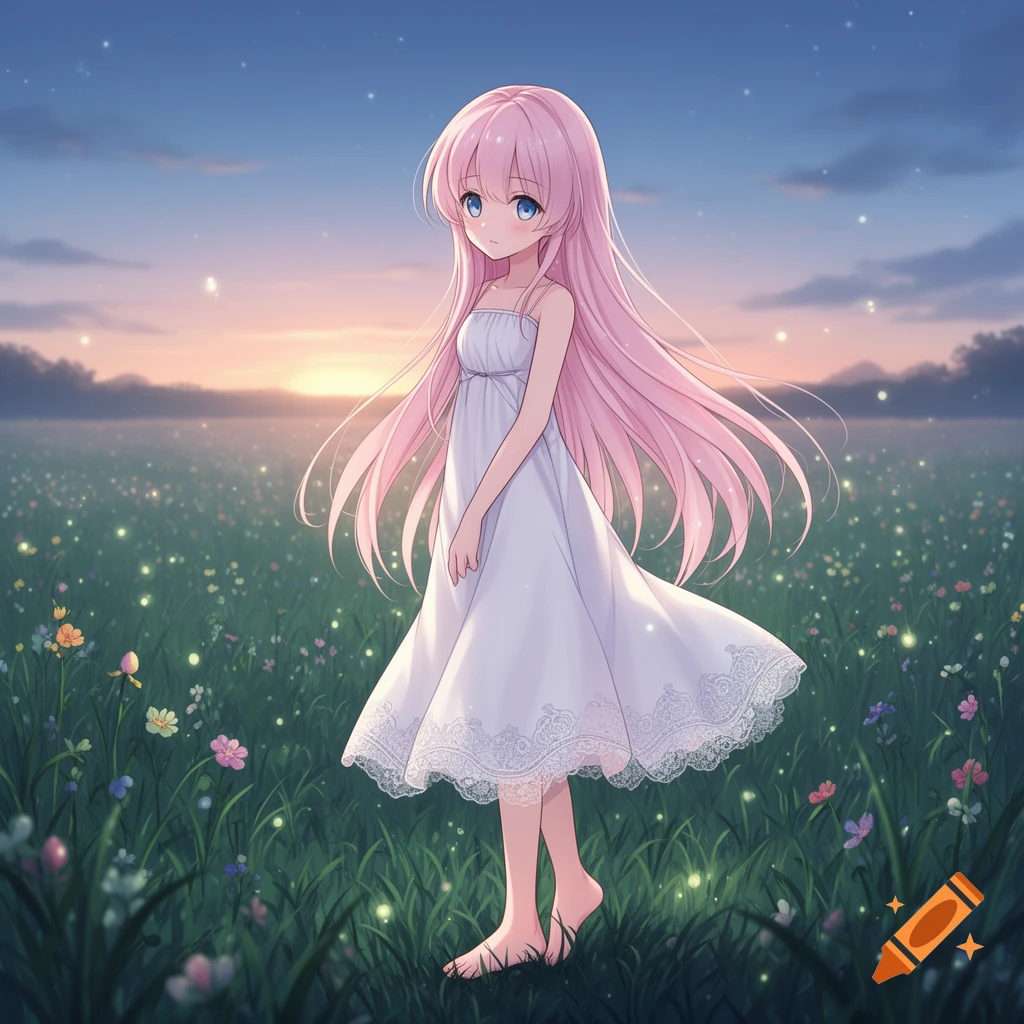 Anime girl with long pink hair, wearing a white dress, stands barefoot in a magical field of glowing flowers at sunset.