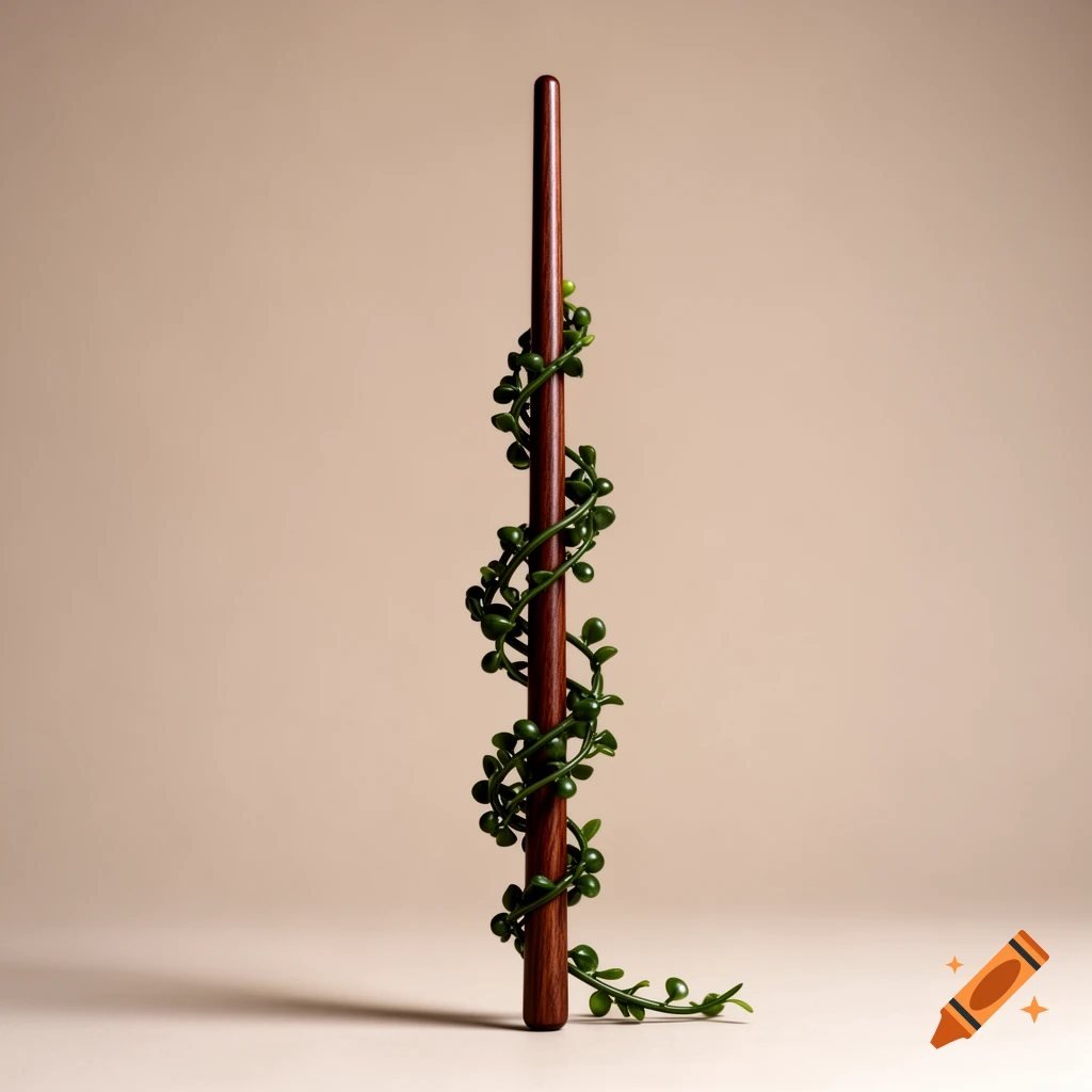 A dark wooden wand with green plant vines wrapped around it, on a plain neutral studio background.