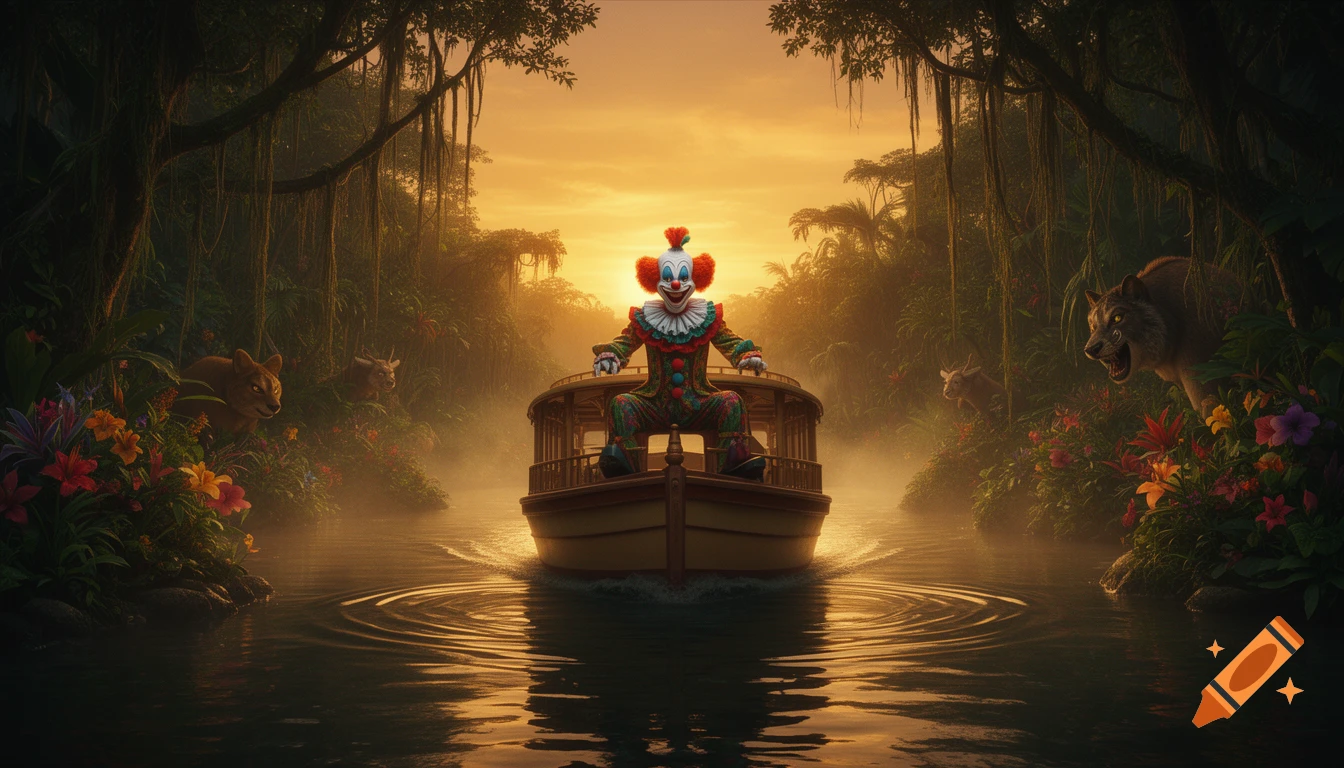 Art the Clown rides a vintage boat down a misty jungle river at sunset, flanked by roaring animals.