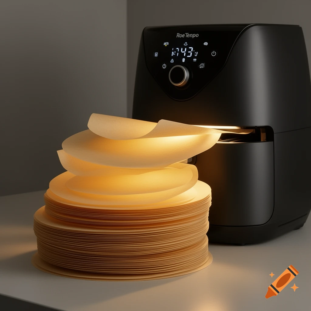 A black Roe Tenpo air fryer with a digital display showing 17:43 sits next to a glowing stack of round parchment paper liners.