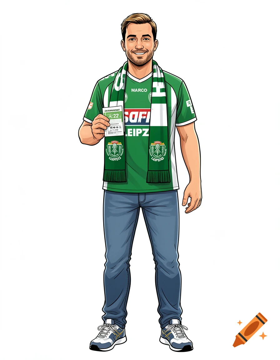 A smiling cartoon man in a green and white sports jersey and scarf, holding a ticket, against a white background.