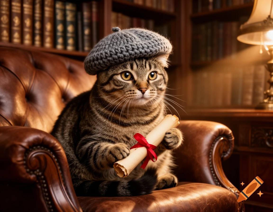 A photorealistic tabby cat in a grey beret sits in a leather armchair in a library, holding a scroll.