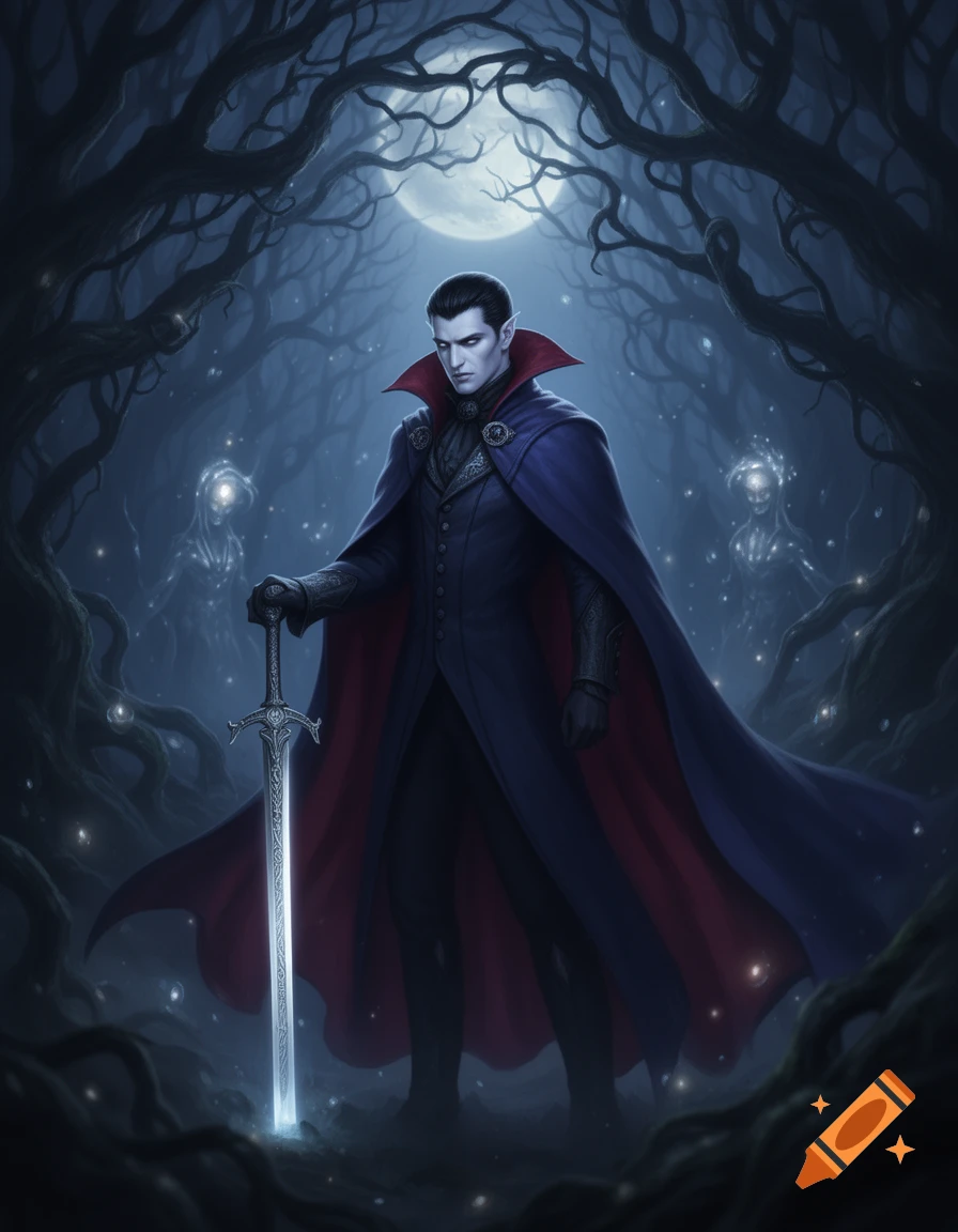 A pale vampire lord in a dark cape holds a glowing sword in a moonlit, mystical forest with ghostly figures, dark fantasy art.