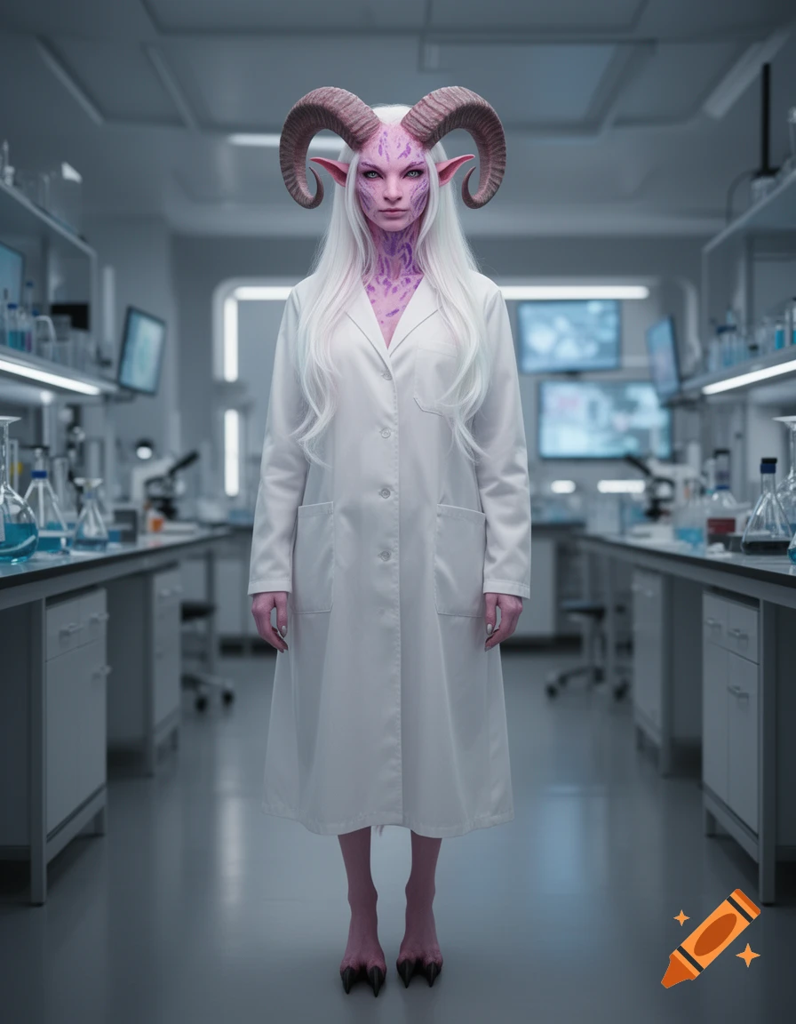 A female tiefling with pink skin, white hair, ram horns, and cloven hooves, wearing a lab coat in a futuristic laboratory.