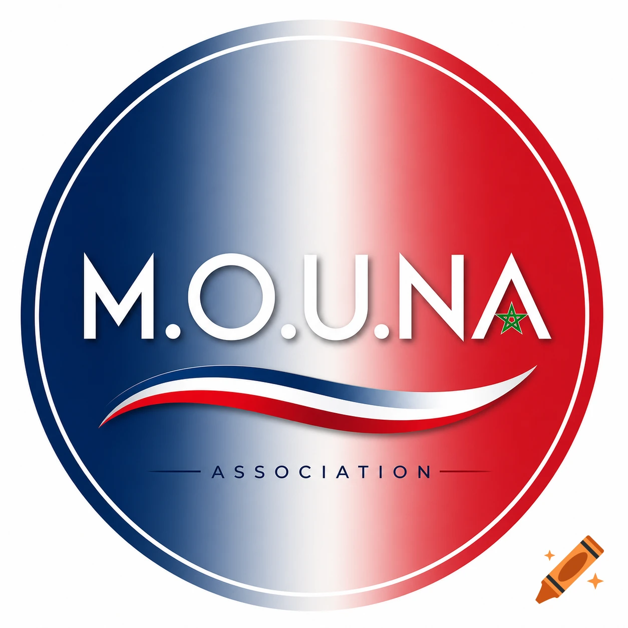 Round logo for M.O.U.NA Association, featuring French flag colors in a gradient, white text, a tricolor ribbon, and a green Moroccan star in the letter 'A'.