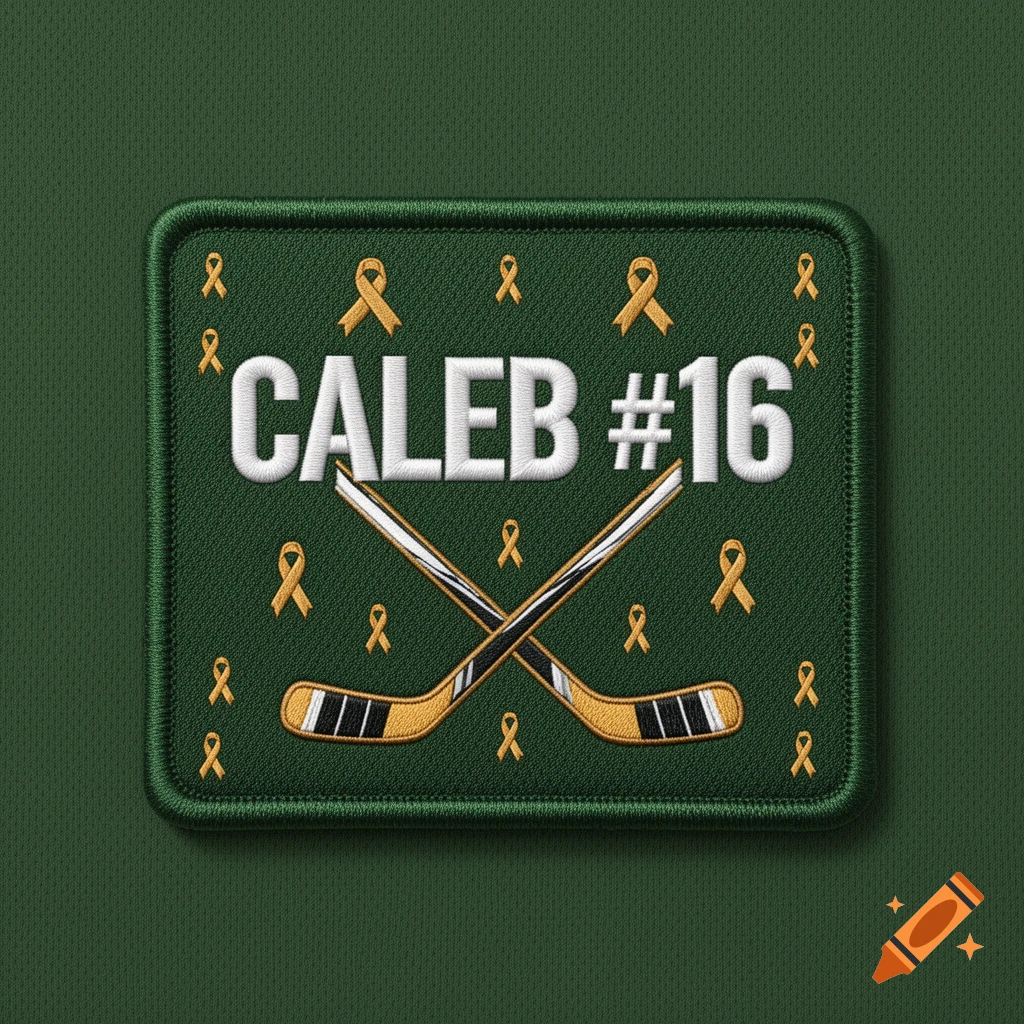 A green embroidered hockey patch with "CALEB #16", two crossed hockey sticks, and yellow awareness ribbons.
