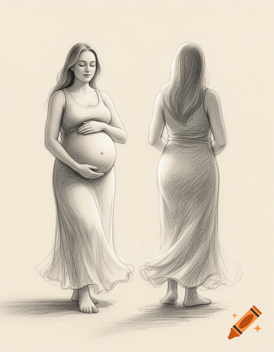 Pencil sketch of a heavily pregnant woman, shown from the front holding her belly and from the back.