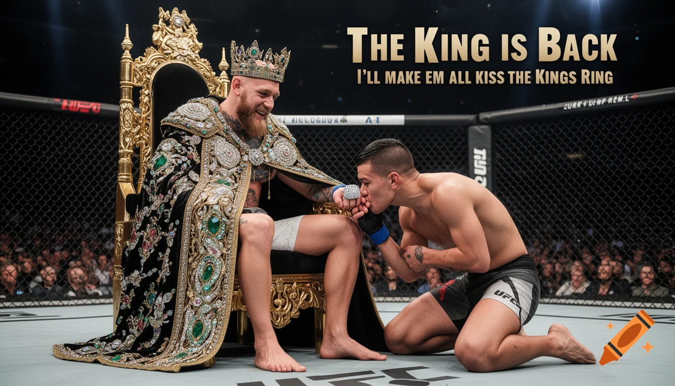 Conor McGregor in royal attire sits on a gold throne in a UFC octagon while a fighter kneels to kiss his ring. Text reads "THE KING IS BACK" and "I'LL MAKE EM ALL KISS THE KINGS RING".