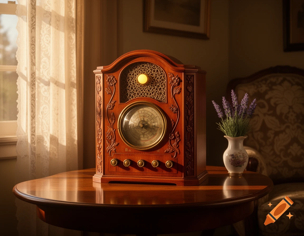 Ornate wooden antique radio on a polished table next to lavender, bathed in soft light from a window with sheer curtains.