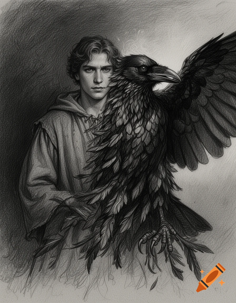 Graphite sketch of a young man transforming into a raven. One side shows his face and cloak, the other dark raven feathers, wing, and beak.