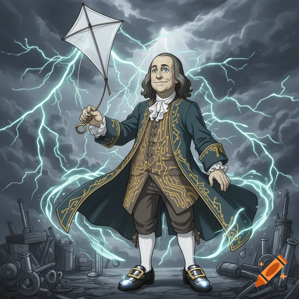 Anime-style Benjamin Franklin holds a kite and key amid a lightning storm, wearing a circuit board coat.