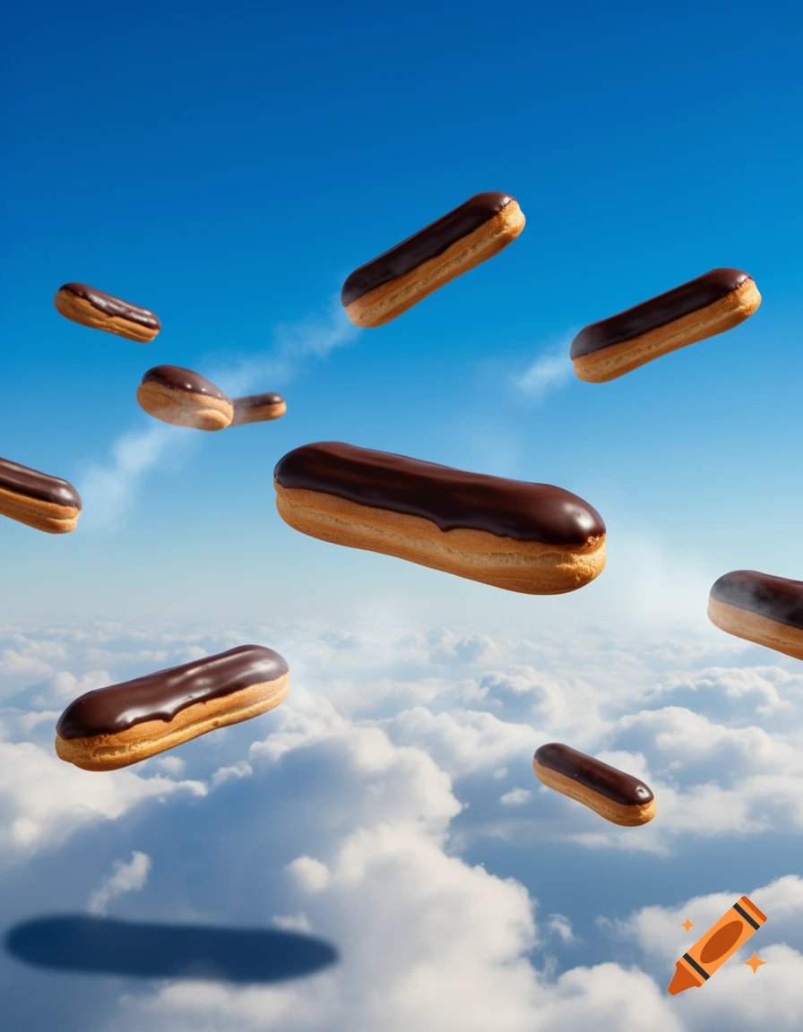 Several chocolate eclairs with glossy frosting float amongst white clouds in a bright blue sky.