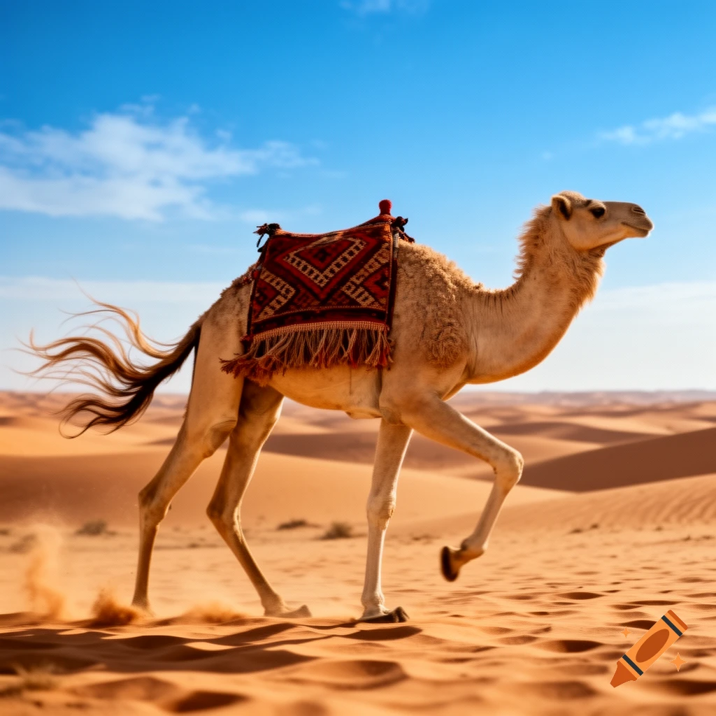 A light brown camel with a patterned saddle blanket prances across sandy desert dunes under a clear blue sky, kicking up sand.