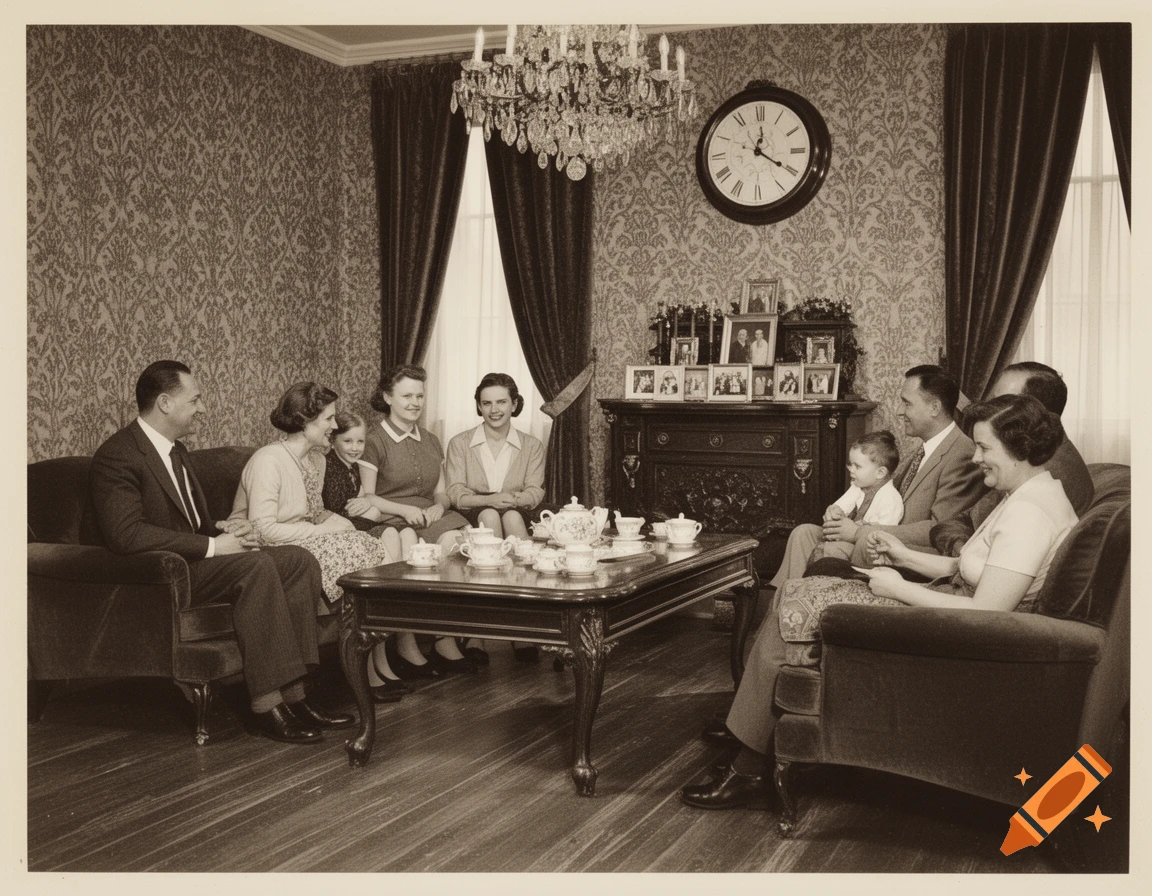 Sepia-toned vintage photo of a family gathered in a formal living room around a coffee table, having tea.