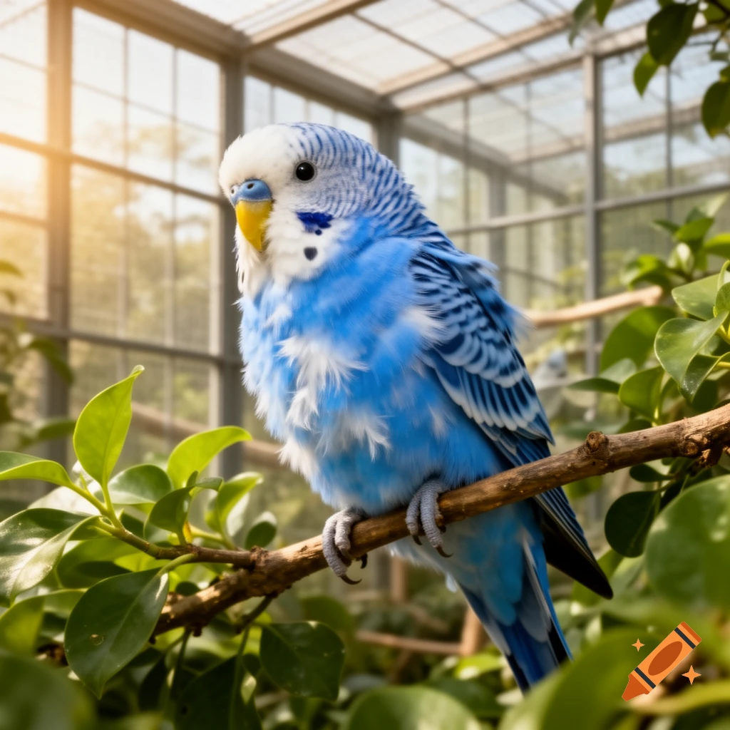 A photorealistic blue budgie with a yellow beak sits on a leafy branch in a sunlit aviary.