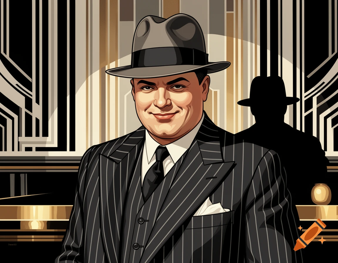 Stylized portrait of Al Capone in a pinstripe suit and fedora against an Art Deco background.