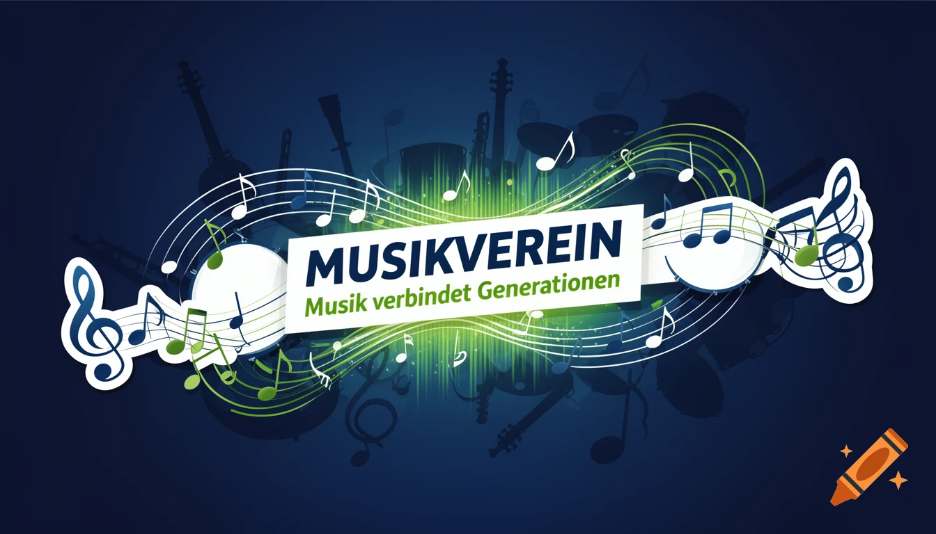 Modern graphic design logo for a music club with glowing musical notes, instrument silhouettes on dark blue. Text: 'MUSIKVEREIN' and 'Musik verbindet Generationen'.