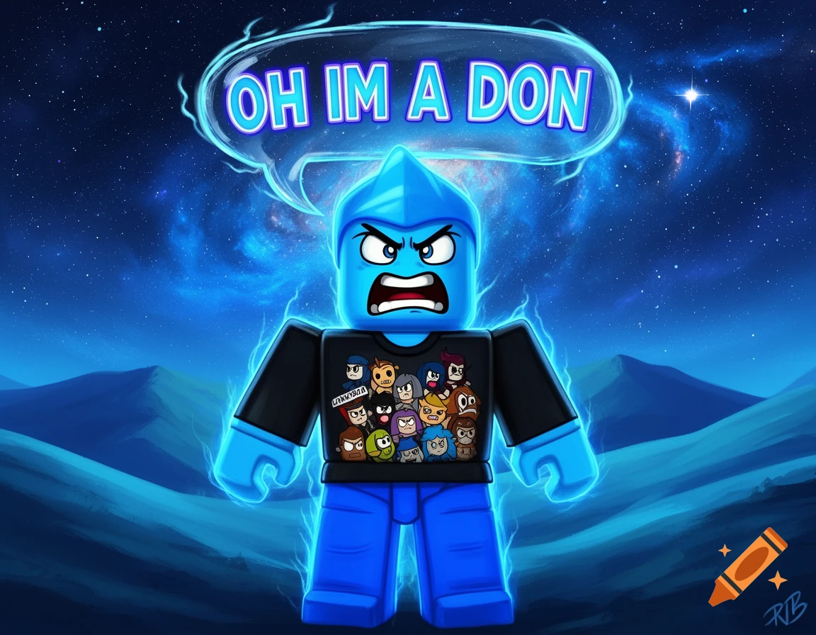Angry electric blue Roblox character wearing a black shirt with cartoon faces, with a speech bubble saying 'OH IM A DON', against a blue, starry night sky with hills.