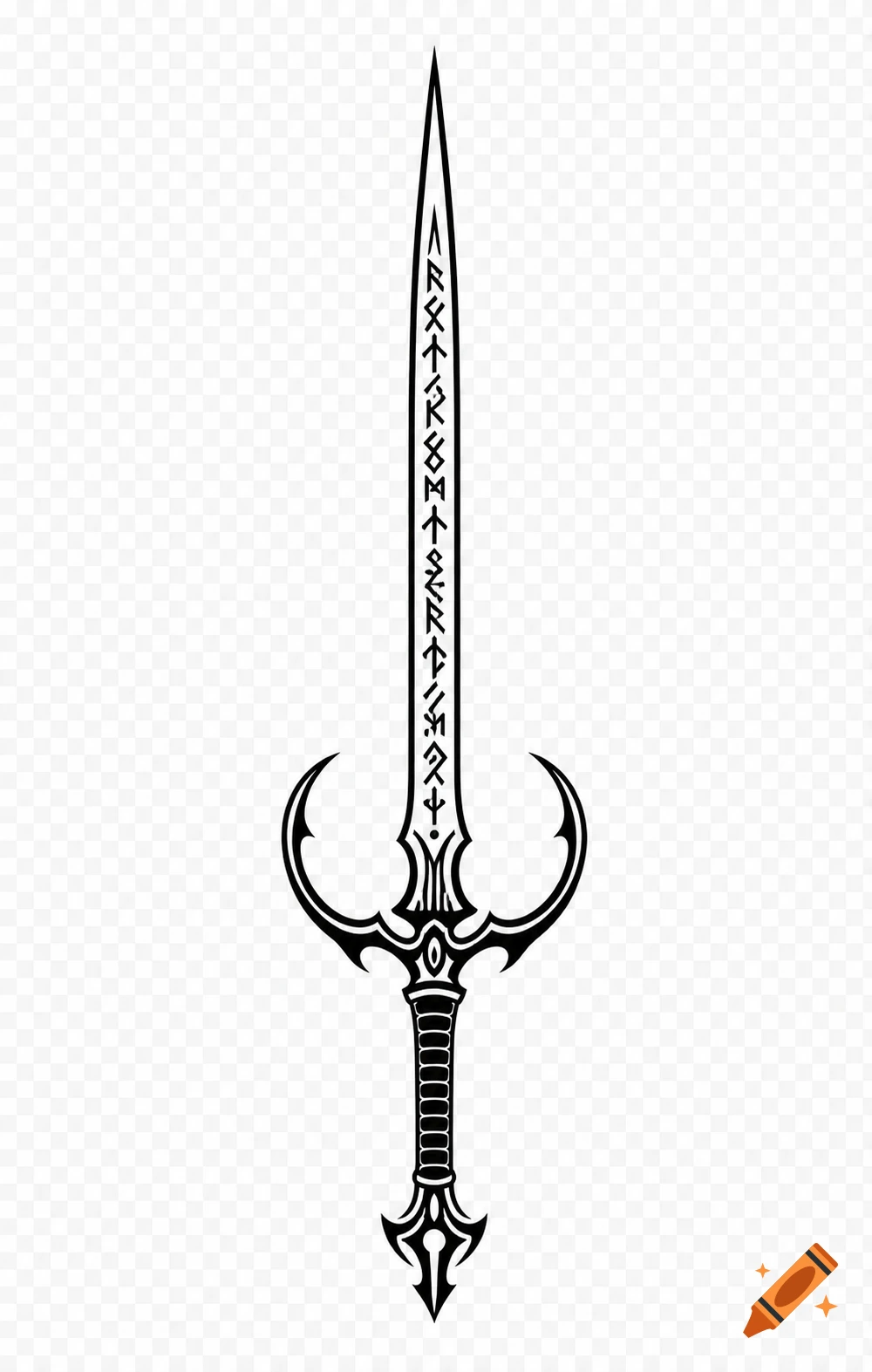 Monochromatic black vector logo of a fantasy sword with a narrow blade inscribed with runes and upward-curving hilt hooks on a transparent background.