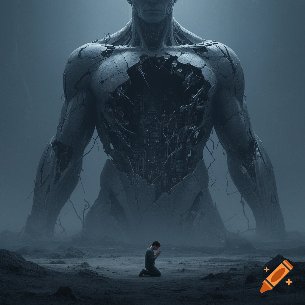 A small human kneels before a colossal, cracked synthetic deity with exposed circuitry in an ashen wasteland, dark sci-fi concept art.