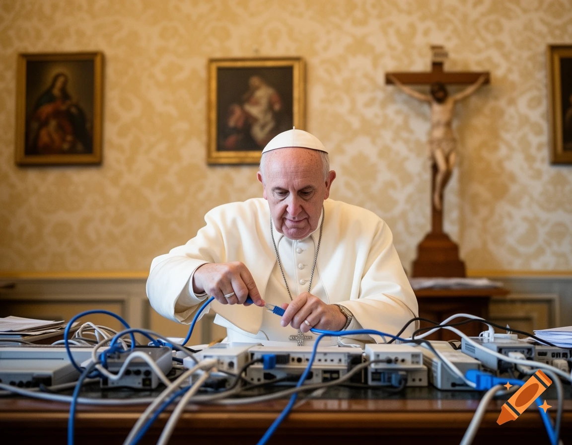 Pope Francis in a white cassock, seated at a desk covered in electronic devices and blue cables, connecting or disconnecting a cable.