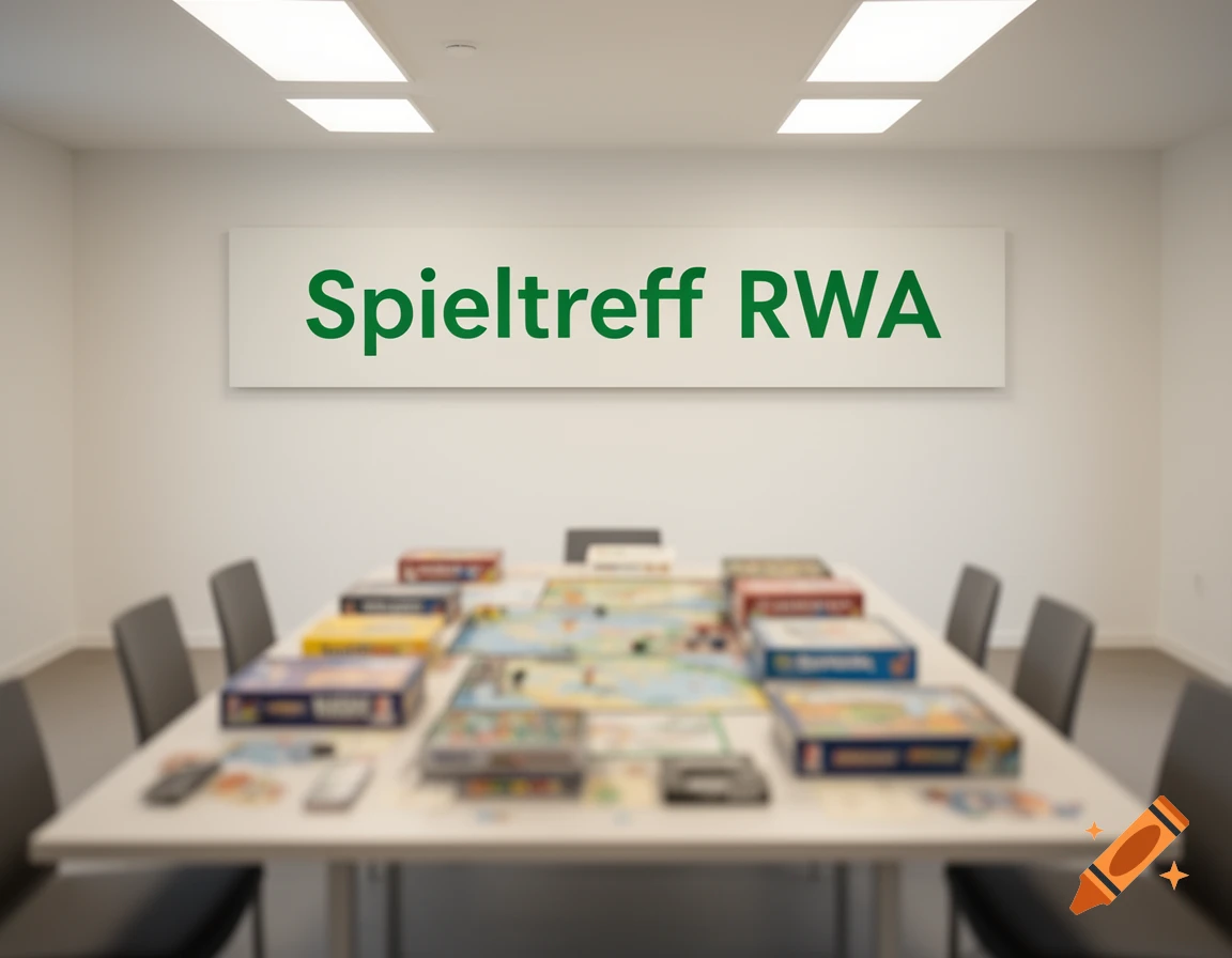 An empty meeting room with a sign 'Spieltreff RWA' and a table covered with blurred board games.