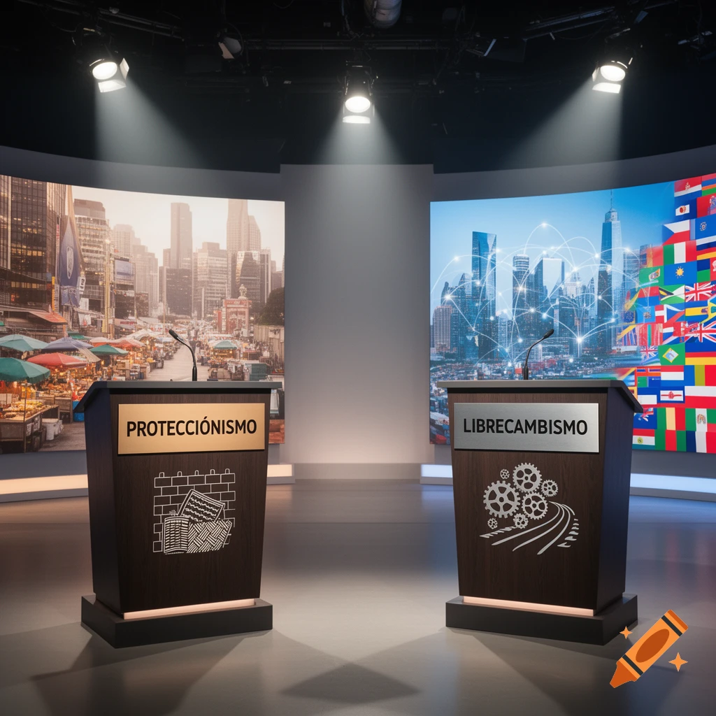 A debate stage with two podiums: 'PROTECCIONISMO' with a market city background, and 'LIBRECAMBISMO' with a networked city and flags background, photorealistic.