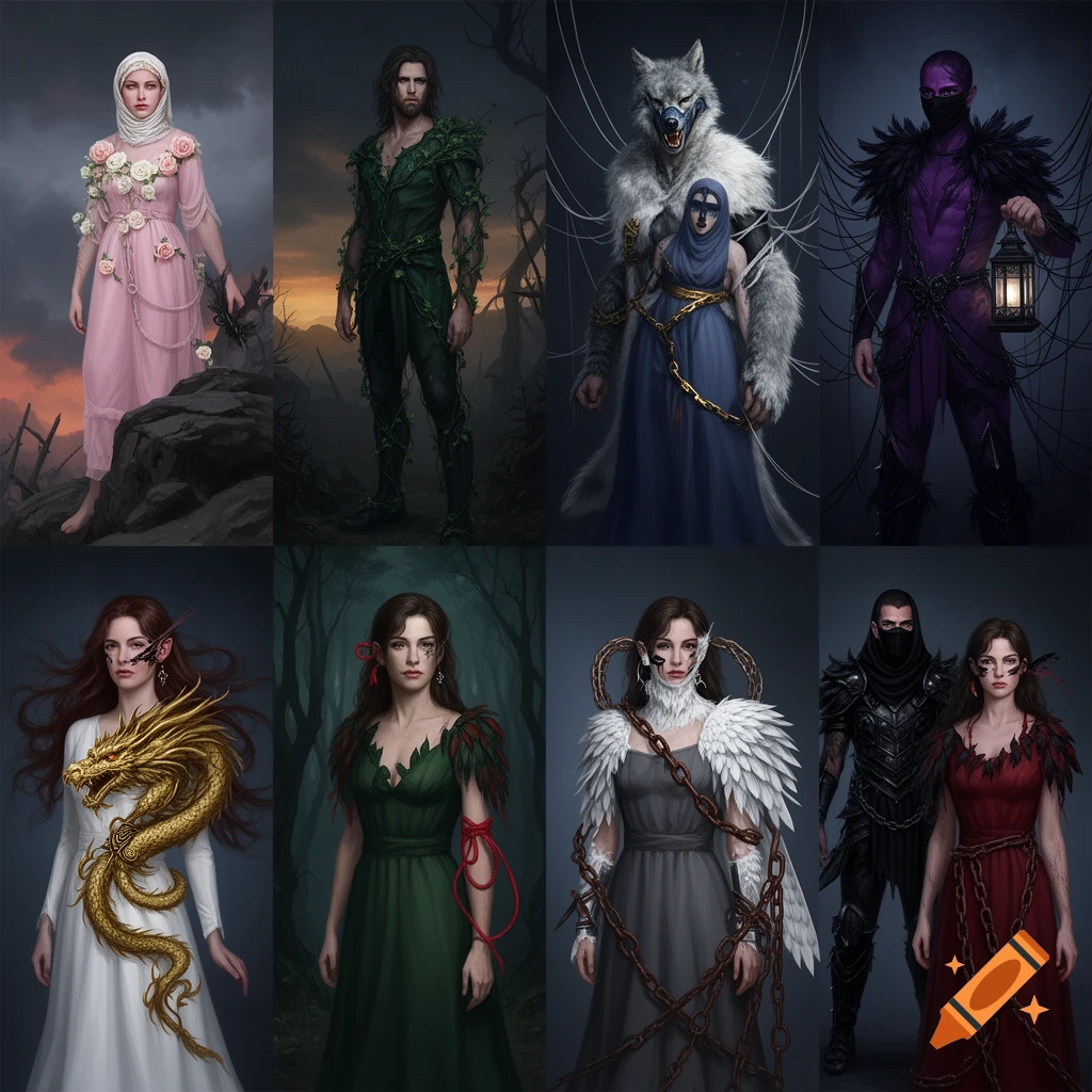 A collage of eight fantasy characters, four male and four female, in various elaborate outfits, against dark, moody backgrounds.
