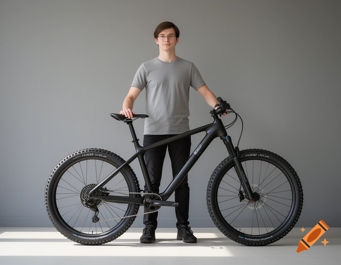 A man stands next to a black mountain bike against a gray wall, comparing its size. Photorealistic style.