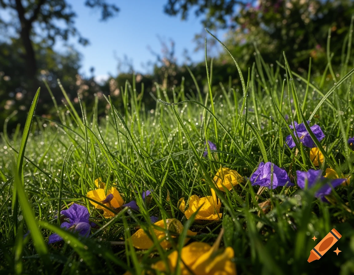 Close-up, low-angle shot of dewy green grass with fallen yellow and purple flower petals, under a bright blue sky.