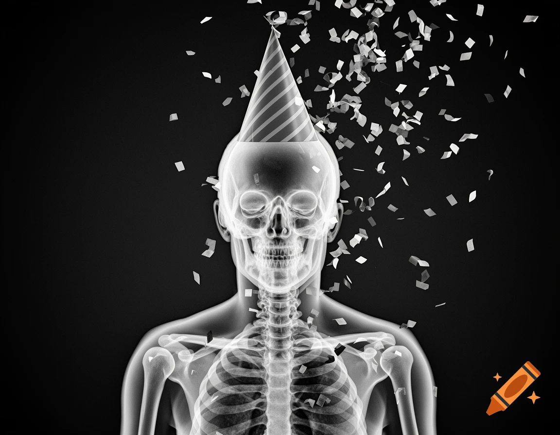A black and white X-ray of a human torso and skull wearing a striped party hat with confetti falling around it.