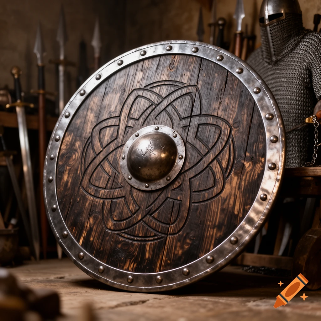 A dark wooden circular battle shield with a metal boss and intricate Celtic knot design, surrounded by swords and chainmail armor.