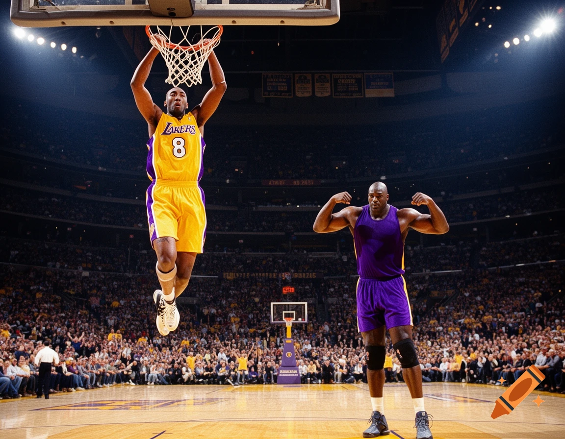 Kobe Bryant dunks a basketball while Shaquille O'Neal flexes on the court during a game.
