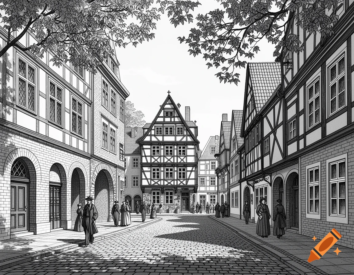 A detailed black and white graphic illustration of a historic European street scene with half-timbered buildings, cobblestones, and people in period attire.