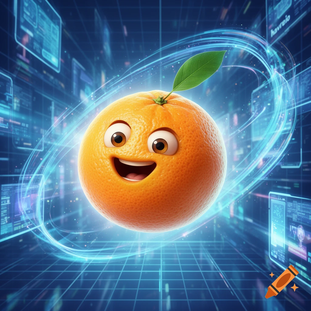 A smiling cartoon orange with large eyes and a leaf, surrounded by glowing blue rings in a futuristic digital background.