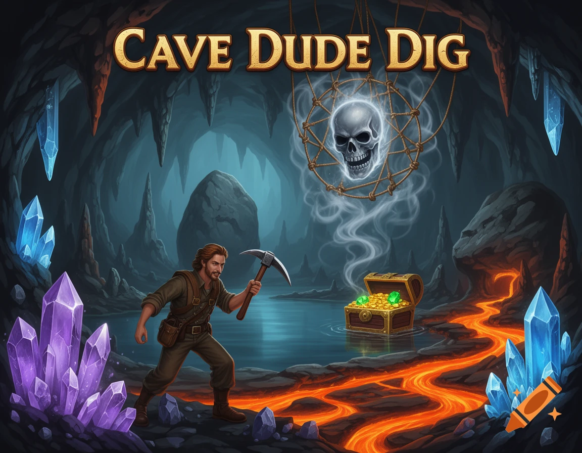 Game art of a cave explorer with a pickaxe in a crystal cave with lava, a lake, and a floating skull. Title: CAVE DUDE DIG.