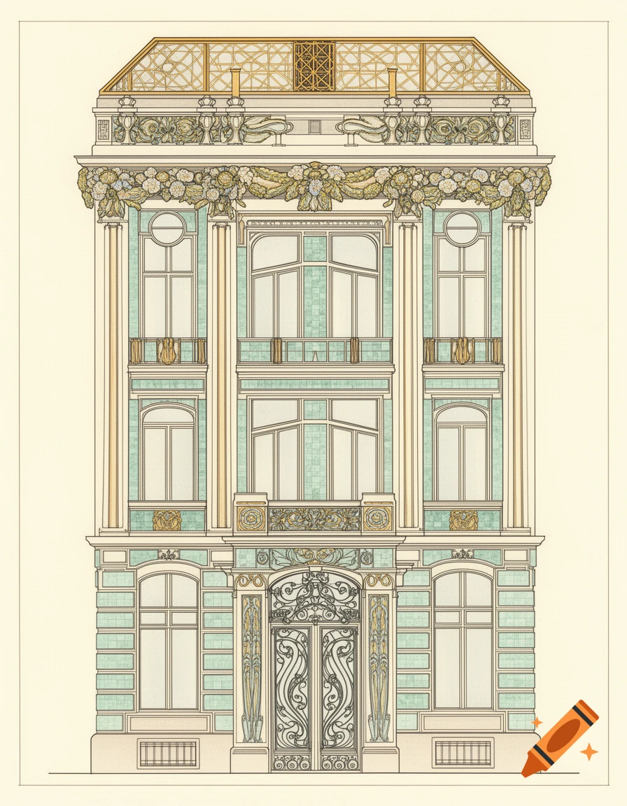Detailed architectural drawing of an elegant Art Nouveau building facade with ornate balconies, grand entrance, and a decorative roof.