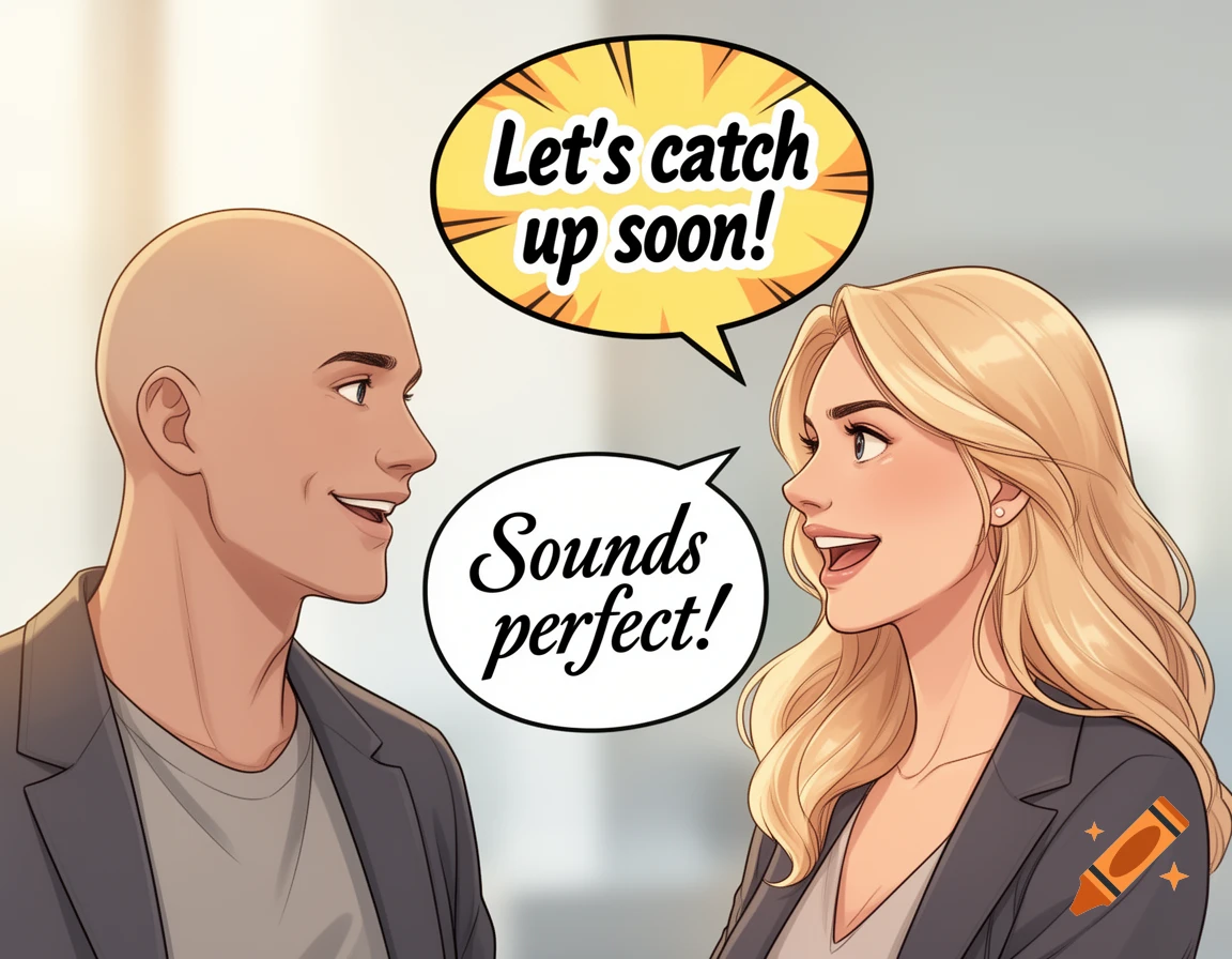 An illustration of a bald man and a blonde woman facing each other and smiling, with speech bubbles saying 'Let's catch up soon!' and 'Sounds perfect!'.