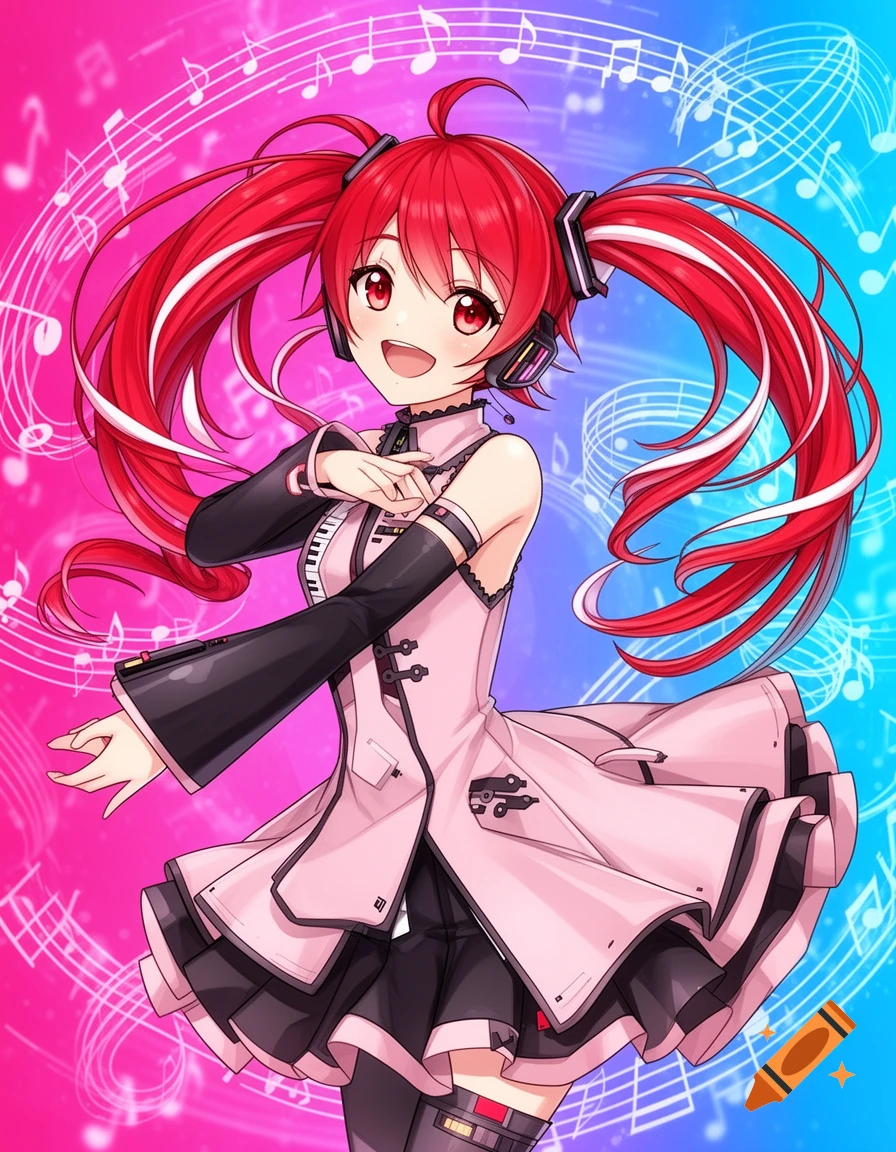 A red-haired anime girl with pigtails and headphones, wearing a pink and black dress, smiles against a vibrant musical note background.